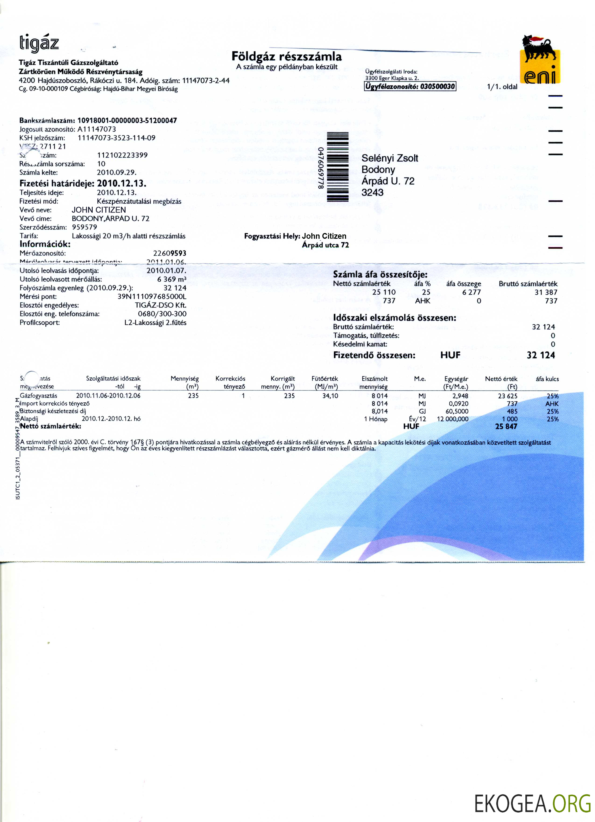 Hungary Tigáz utility bill in PSD format